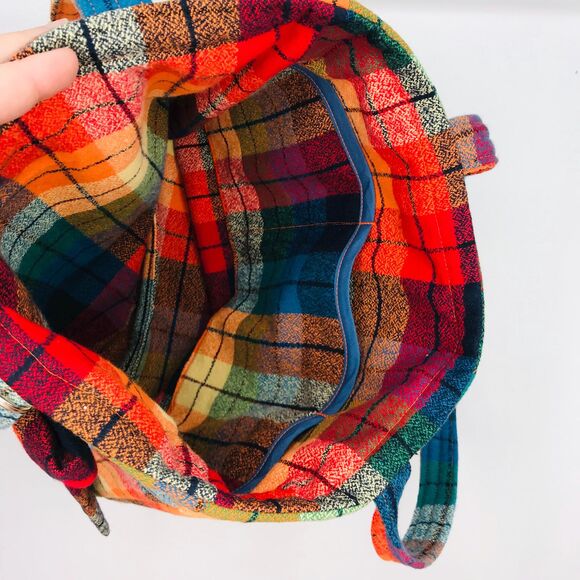 Handmade Tote Bag: Repurposed, Bright Bouquet on Plaid, Orange Blue Yellow Green - Picture 8 of 10